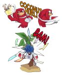  2boys animal_nose bandages brown_scarf commentary english_commentary english_text furry furry_male gloves highres knuckles_the_echidna male_focus multiple_boys nugget_pudding palm_tree red_shoes sand scarf shoes smile sonic_(series) sonic_boom_(series) sonic_the_hedgehog sound_effects tail throwing throwing_person tree white_gloves yellow_fur 