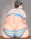  1girl ass bangs blue_bra blush bra closed_mouth clothes_lift commentary_request from_behind grey_background highres looking_away median_furrow original orizen panties shirt_lift short_hair short_sleeves simple_background sitting skindentation solo striped striped_panties sweat underwear 