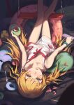  1girl absurdres bare_shoulders blonde_hair blush blush_stickers bow chinese_commentary collarbone commentary_request donut dress feet_out_of_frame fingernails flat_chest food fork highres holding holding_donut holding_food long_hair looking_at_viewer loong_(loong_blo) lower_teeth_only lying monogatari_(series) nail_polish oshino_shinobu parted_lips pink_nails red_bow red_nails sleeveless solo spiked_hair swing teeth toy upside-down white_dress 