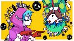  2boys :o alternate_eye_color alternate_hair_color antenna_hair apron artist_name basil_(headspace)_(omori) basil_(omori) black_mouth blue_hair border bright_pupils brown_gloves chromatic_aberration colored_skin commentary double-parted_bangs emoji eye_contact facial_mark film_grain fingerless_gloves flower flower_pot frilled_gloves frills from_side gloves green_hair green_sweater hair_between_eyes halftone hands_on_own_cheeks hands_on_own_face hands_up heart highres hood hood_up hooded_jacket humphrey_(omori) index_fingers_raised instrument jacket jitome long_sleeves looking_at_another male_focus matryoshka_(vocaloid) multicolored_eyes multiple_boys official_alternate_eye_color omori omori_(omori) open_mouth osulan outside_border photo_(object) piano_keys pink_eyes pink_jacket pointing pointing_at_another profile puffy_long_sleeves puffy_sleeves purple_eyes red_apron red_eyes red_gloves short_hair sidelocks simple_background something_(omori) stairs sunflower sweater tareme teeth two-tone_eyes upper_body upper_teeth_only upside-down v-shaped_eyebrows very_short_hair violin white_border white_pupils white_skin wide-eyed yellow_background yellow_eyes 