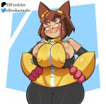anthro big_breasts breasts brown_hair brown_nipples clothed clothing elferdiart eyewear fangs felid feline female feral gameoverse glitch_productions goggles hair hi_res humanoid kit_(gameoverse) legwear looking_at_viewer mammal nipples red_eyes robotic robotic_arm solo teeth thick_thighs