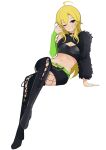  1girl ;) absurdres ahoge asymmetrical_sleeves belt black_boots black_shorts black_sleeves blonde_hair boots breasts cleavage cleavage_cutout clothing_cutout commentary_request crossed_legs full_body fur_sleeves green_belt green_eyes green_sleeves grin hand_up highres hoshii_miki idolmaster idolmaster_(classic) korean_commentary long_hair looking_at_viewer mismatched_sleeves navel one_eye_closed shorts simple_background sitting smile soayo solo thigh_boots white_background 