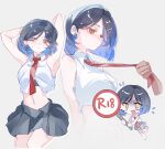  1girl 1other alternate_hair_length_(shorter) armpits arms_behind_back arms_behind_head arms_up black_hair black_skirt blue_flower blue_hair blue_rose blunt_ends blush breasts censored chibi closed_mouth clothes_grab collared_shirt commentary crop_top cropped_shirt disembodied_hand dot_mouth earrings flower flower_earrings flying_sweatdrops from_side gradient_hair great_yell_for_dreamers!_(project_sekai) grey_background hair_behind_ear hair_ornament hairclip highres jewelry large_breasts looking_at_object looking_at_viewer looking_down midriff miniskirt multicolored_hair multiple_views navel necktie necktie_grab neckwear_grab novelty_censor official_alternate_costume official_alternate_hairstyle orange_eyes outline parallel_hairclips parted_hair phynolcrystal pleated_skirt project_sekai red_necktie rose shiraishi_an shirt short_hair simple_background skirt sleeveless sleeveless_shirt star_(symbol) star_hair_ornament stomach sweat untranslatable_commentary upper_body white_outline white_shirt wing_collar 