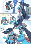  black_cape black_fur black_hat blue_fur cape cosplay english_text evolutionary_line grey_background hakata_no_kuma happy_halloween hat highres looking_at_viewer lucario multiple_views no_humans pokemon pokemon:_lucario_and_the_mystery_of_mew pokemon_(anime) pokemon_(creature) pokemon_the_series:_ruby_and_sapphire riolu simple_background sir_aaron sir_aaron_(cosplay) speech_bubble tail thought_bubble two-tone_fur 