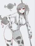  1girl akkiunny alternate_breast_size_(larger) alternate_costume animal_print arknights bikini breasts cleavage closure_(arknights) collar commentary cow_print cow_print_bikini cow_print_gloves cow_print_thighhighs cowboy_shot drone elbow_gloves gloves grey_background greyscale groin highres jewelry lambda_(arknights) large_breasts leaning_forward looking_at_viewer monochrome necklace one_side_up pointy_ears print_bikini print_gloves print_thighhighs raised_eyebrows red_eyes simple_background smile solo spot_color staff swimsuit thighhighs thighs 