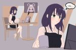  2girls absurdres black_dress black_hair blush chair cho_kaguya-hime! closed_mouth commentary_request cup dress earrings green_eyes hair_ornament hair_rings hair_stick high-heeled_mechanical_legs highres holding holding_cup jewelry jingulbi logo long_hair long_sleeves mole mole_under_eye mug multiple_girls open_mouth pinafore_dress runami_yachiyo sakayori_iroha shirt sitting sleeveless sleeveless_dress table tablet_pc twintails white_shirt 