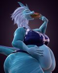 2_horns anaroth anthro aquafina aquatic aquatic_dragon belly big_belly big_breasts big_butt breasts butt claws clothed clothed_anthro clothed_female clothing digital_drawing_(artwork) digital_media_(artwork) disney dragon eastern_dragon eating eating_food english_text eyes_closed female female_anthro food food_in_mouth fur furred_dragon furred_scalie hair hand_on_belly hand_on_own_belly hi_res horn huge_breasts huge_butt long_hair multicolored_body multicolored_fur multicolored_hair mythological_creature mythological_scalie mythology open_mouth raya_and_the_last_dragon sandwich_(food) scalie side_view sisu_(ratld) solo swimwear tail text text_on_clothing thick_thighs topwear two-piece_swimsuit voice_actor_joke wide_hips
