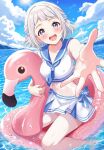  1girl absurdres beach bikini blue_eyes blue_ribbon blush braid commentary_request crouching_start gakuen_idolmaster grey_hair hair_ribbon half_up_braid highres idolmaster katsuragi_lilja looking_at_viewer midriff outstretched_hand ribbon sailor_bikini sailor_collar sailor_swimsuit_(idolmaster) short_hair smile solo sun sunlight swimsuit 
