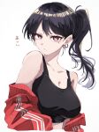  1girl absurdres bang_dream! bang_dream!_it's_mygo!!!!! black_sports_bra breasts cleavage closed_mouth commentary_request earrings highres jacket jewelry large_breasts looking_at_viewer nuruponnu ponytail purple_eyes red_jacket shiina_taki simple_background single_earring solo sports_bra sweat white_background 