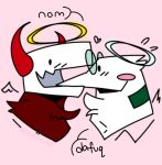 2023 2_horns ambiguous_gender anthro artist_name avian dialogue dot_eyes duo english_text eye_contact eyewear flesh_fang front_view glasses halo head_horn head_nom headshot_portrait heart_symbol horn jade_(skykdotidot) karma_(skykdotidot) looking_at_another male_(lore) nom nom_(sound_effect) onomatopoeia open_mouth open_smile pince-nez pink_background portrait red_body rosy_cheeks simple_background simple_eyes skykdotidot smile sound_effects sweatdrop_(iconography) text unknown_species wearing_glasses