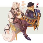  2boys black_boots black_gloves black_hat black_pants black_vest blonde_hair blue_shirt boots chair commentary cup drinking_glass facing_away fedora fingerless_gloves full_body furry furry_male gloves grey_background hat highres holding holding_cup holding_plate hugo_vlad letterboxed long_hair male_focus multiple_boys pants pice_(ice92167297) plate pointy_ears saucer shirt short_hair sitting sleeves_rolled_up speech_bubble talking teacup untranslatable_commentary upper_body very_long_hair vest von_lycaon watch white_background white_hair white_shirt wine_glass wolf_boy wristwatch zenless_zone_zero 