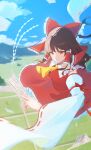  1girl ascot between_fingers blue_sky bow breasts brown_hair closed_mouth commentary day detached_sleeves frilled_bow frilled_hair_tubes frills hair_bow hair_tubes hakurei_reimu highres holding holding_ofuda incoming_attack long_hair looking_at_viewer medium_breasts ofuda ofuda_between_fingers outdoors palulap red_bow red_eyes red_skirt ribbon-trimmed_sleeves ribbon_trim skirt skirt_set sky solo touhou yellow_ascot 