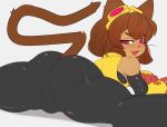 2026 absurd_res anthro big_butt biped black_bottomwear black_clothing bottomwear breasts brown_ears brown_hair brown_tail butt clothed clothed_anthro clothed_female clothing domestic_cat drakkenkoft felid feline felis female female_anthro gameoverse glitch_productions hair hi_res kit_(gameoverse) mammal solo tail topwear whiskers yellow_clothing yellow_sclera yellow_topwear