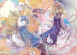  2girls animal_ears arm_behind_back autumn_leaves blonde_hair blue_tabard bow closed_mouth commentary_request dress flower fox_ears fox_girl fox_tail frilled_dress frills hair_bow hat hat_ribbon highres leaf long_dress long_ribbon long_sleeves mob_cap multiple_girls multiple_tails open_mouth purple_tabard red_bow red_ribbon ribbon sleeve_garter smile socks spider_lily tabard tail touhou uwazumi white_dress white_hat white_socks wide_sleeves yakumo_ran yakumo_yukari yellow_eyes yin_yang yin_yang_print 