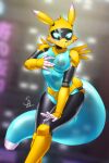 anthro bandai_namco blush breasts covering covering_breasts covering_crotch digimon digimon_(species) embarrassed embarrassing_nudity female hi_res machine nariikhan renamon robot robot_anthro solo translucent translucent_body