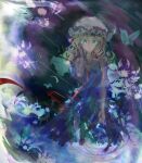  1girl absurdres blonde_hair blue_eyes bug butterfly commentary dress flower flower_request hat highres long_hair long_ribbon maribel_hearn mob_cap one-hour_drawing_challenge open_mouth puffy_short_sleeves puffy_sleeves purple_dress red_ribbon ribbon short_sleeves solo spider_lily standing star_(sky) tears tears_from_one_eye touhou uwazumi white_hat 