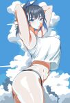  1girl armpits arms_up black_hair blue_eyes blue_hair breasts cloud colored_inner_hair commentary from_side hair_intakes highres hololive hololive_english large_breasts looking_at_viewer midriff multicolored_hair navel ouro_kronii shirt short_hair sio4_4 skindentation sky solo thick_thighs thighs thong virtual_youtuber 