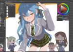  4girls absurdres art_program_in_frame bang_dream! bang_dream!_it's_mygo!!!!! black_ribbon blonde_hair blue_hair blue_shirt blue_skirt blush brown_hair chinese_commentary clenched_teeth collar commentary_request cucumber diagonal-striped_clothes diagonal-striped_necktie green_hair green_necktie grey_jacket hair_ribbon haneoka_school_uniform highres holding holding_whip jacket kekego long_hair long_sleeves misumi_uika multiple_girls nagasaki_soyo necktie open_mouth plaid_clothes plaid_skirt purple_eyes red_collar ribbon school_uniform shirt sidelocks skirt striped_clothes striped_necktie sweatdrop teeth togawa_sakiko tsukinomori_school_uniform wakaba_mutsumi whip yellow_eyes 