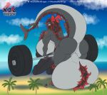 anthro aquatic artist_logo back_muscles ball_tuft balls barbell beach_towel beach_umbrella big_balls big_breasts big_butt big_muscles big_penis big_tail black_hair black_nipples blue_sky breasts butt claws cloud cloudy_sky colored_nails digitigrade dorsal_fluff dragon ear_fins eastern_dragon fangs fin fish fluffy fluffy_chest fluffy_hair forked_tongue genitals grey_body gynomorph hair hi_res highlights_(coloring) horn huge_balls huge_breasts huge_butt huge_muscles huge_penis huge_tail huge_thighs hybrid hyper hyper_balls hyper_breasts hyper_genitalia hyper_penis intersex karina_(knockedoutdragon) knockedoutdragon lifting logo long_hair long_tail long_tongue macro markings multicolored_hair muscular muscular_arms muscular_intersex muscular_thighs mythological_creature mythological_scalie mythology nails nipples palm_tree parasol pawpads penis pink_tongue plant pubes raised_tail rear_view red_claws red_eyes red_highlights red_horn red_markings red_nails scalie sea shark shark_fin shark_tail sharp_teeth sky solo standing tail teeth thick_tail thick_thighs tongue towel tree tuft water watermark wide_hips