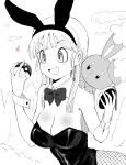  1girl absurdres alternate_breast_size_(larger) animal_ear_hairband animal_ears bow bowtie breasts bulma buneary cloud commentary_request creature creature_on_shoulder crossover detached_collar detached_sleeves dragon_ball dragon_ball_(classic) dragon_radar fake_animal_ears fang fishnet_pantyhose fishnets greyscale hairband heart highres holding holding_poke_ball large_breasts leotard monochrome mushi_gyouza official_alternate_costume on_shoulder open_mouth pantyhose playboy_bunny poke_ball pokemon pokemon_(creature) rabbit_ear_hairband rabbit_ears skin_fang smile spot_color strapless strapless_leotard 