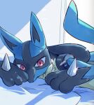  black_fur blue_fur commentary_request hakata_no_kuma highres looking_at_viewer lucario lying multicolored_fur on_stomach pokemon pokemon_(creature) red_eyes spikes tail yellow_fur 