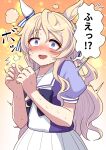  1girl absurdres animal_ears blonde_hair blue_eyes blush bow bowtie breasts commentary_request ear_covers flying_sweatdrops hair_between_eyes highres horse_ears horse_girl horse_tail long_hair looking_at_viewer missan_sun open_mouth pleated_skirt puff_of_air puffy_short_sleeves puffy_sleeves purple_bow purple_bowtie purple_shirt sailor_collar sailor_shirt school_uniform shirt short_sleeves single_ear_cover skirt solo speech_bubble sweat tail tracen_school_uniform translation_request umamusume victoire_pisa_(umamusume) white_sailor_collar white_skirt 
