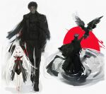  1boy 1girl 1ne_sa 1other absurdres bare_legs bird black_hair black_jacket black_leotard black_pants black_shirt black_suit chaos_(pgr) commandant_(pgr) commentary_request hair_ornament highres jacket korean_commentary leotard mask mouth_mask pants punishing:_gray_raven red_eyes shirt short_hair suit vonnegut_(pgr) white_hair 