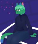 5_fingers anthro bottomwear clothed clothing denim denim_bottomwear denim_clothing dipstick_tail domestic_cat felid feline felis fingers foxmaidsus fur green_body green_fur green_hair grey_eyes hair hat headgear headwear hi_res hoodie jeans male mammal markings multicolored_ears no_pupils open_mouth pants party_hat ploton_(foxmaidsus) shaded short_hair simple_background simple_shading sitting snout solo tail tail_markings tall topwear two_tone_ears