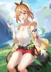  1girl :d arm_support atelier_(series) atelier_ryza bangs belt blurry blurry_background breasts brown_belt brown_eyes brown_hair cleavage collarbone falling_leaves flask hand_up highres jacket large_breasts leaf looking_at_viewer midriff_peek migsy navel off-shoulder_shirt off_shoulder outdoors red_shorts reisalin_stout shirt short_hair short_shorts shorts sitting_on_tree_stump sleeveless sleeveless_jacket smile solo thighs white_headwear white_shirt white_sleeves yellow_jacket 