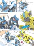  bed black_fur blue_eyes blue_fur bottle card claws commentary_request hakata_no_kuma highres holding holding_bottle holding_card looking_at_viewer lucario pillow pokemon pokemon_(creature) red_eyes riolu yellow_fur zeraora 