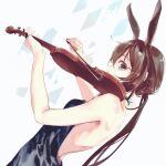  1girl amiya_(arknights) animal_ears arknights backless_dress backless_outfit bare_back black_dress blue_collar blue_eyes bow_(music) brown_hair collar dress dutch_angle extra_ears from_behind highres holding holding_instrument instrument jewelry long_hair looking_back neck_ring ponytail rabbit_ears rabbit_girl sideways_glance simple_background solo strapless strapless_dress thumb_ring upper_body violin white_background yiyixibie 