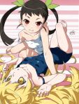  2girls :o bare_arms barefoot blonde_hair blue_one-piece_swimsuit blush blush_stickers breasts brown_hair closed_mouth collarbone commentary_request green_ribbon hachikuji_mayoi hair_ribbon highres legs_up long_hair looking_at_viewer lying monogatari_(series) multiple_girls on_back one-piece_swimsuit open_mouth oshino_shinobu oshinobi_shinobu pink_background red_eyes ribbon signature small_breasts smile strap_slip striped_background swimsuit twintails two-tone_background watanabe_akio_(style) white_background white_one-piece_swimsuit yellow_eyes 