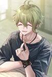  1boy amami_rantaro amatsuji antenna_hair bishounen bracelet closed_eyes collarbone commentary danganronpa_(series) danganronpa_v3:_killing_harmony ear_piercing earrings eyelashes green_hair hair_between_eyes happy highres holding holding_earrings holding_jewelry jewelry light_particles looking_at_viewer male_focus multiple_bracelets multiple_piercings multiple_rings necklace open_mouth piercing ring shirt short_hair sitting solo striped_clothes striped_shirt upper_body vertical-striped_sleeves 