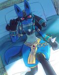  black_fur blue_fur clothed_pokemon hakata_no_kuma highres looking_at_viewer lucario lucario_(ruins) lying multicolored_fur official_alternate_costume on_back on_bed pillow pokemon pokemon_(creature) pokemon_unite red_eyes solo spikes yellow_fur 