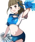  1girl blue_ribbon blue_shirt blue_skirt brown_hair center-flap_bangs cheerleader commentary_request cowboy_shot crop_top hair_bun hair_ribbon highres hokkaido_nippon-ham_fighters holding holding_pom_poms kachimachi_kosuzu llb long_hair love_live! love_live!_hasu_no_sora_jogakuin_school_idol_club miniskirt navel pleated_skirt pom_pom_(cheerleading) ribbon shirt short_sleeves simple_background single_side_bun skirt solo stomach virtual_youtuber white_background 