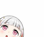  1girl :o commentary_request diagonal_bangs hair_ornament highres kotori_photobomb love_live! love_live!_hasu_no_sora_jogakuin_school_idol_club love_live!_hasu_no_sora_jogakuin_school_idol_club_bloom_garden_party multicolored_hair open_mouth pink_eyes red_streaks ryopa simple_background solo star_(symbol) star_hair_ornament streaked_hair teeth upper_teeth_only white_background white_hair yugiri_tsuzuri 