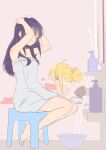  2girls absurdres ahoge barefoot bath bathroom black_hair blonde_hair blush bowl cho_kaguya-hime! closed_eyes closed_mouth commentary_request feet foam hair_bun highres jingulbi kaguya_(cho_kaguya-hime!) legs long_hair multiple_girls naked_towel partial_commentary sakayori_iroha short_hair sidelocks single_hair_bun sitting toenails toes towel washing_hair 
