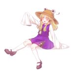  1girl :d absurdres animal_print blonde_hair blush brown_hat brown_shoes closed_eyes commentary facing_viewer frog_print hair_ribbon hat high_heels highres kneehighs long_hair long_sleeves mary_janes mochigumo moriya_suwako musical_note purple_skirt purple_vest ribbon shoes simple_background sitting skirt skirt_set sleeves_past_fingers sleeves_past_wrists smile socks solo touhou tress_ribbon vest white_background wide_sleeves 