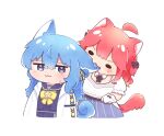  2girls :3 ahoge animal_ears belt biting biting_head blue_eyes blue_hair blush brooch cat_ears cat_girl cat_tail chibi chibi_only coffsw cowboy_shot detached_collar facing_viewer highres hololive hoshimachi_suisei jacket jewelry kemonomimi_mode looking_at_another looking_at_viewer multiple_girls neck_ribbon pink_hair pleated_skirt ribbon sakura_miko saliva school_uniform serafuku shirt simple_background skirt star_(symbol) star_in_eye symbol_in_eye tail virtual_youtuber white_background white_jacket white_shirt 