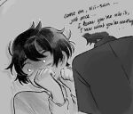  2boys akinashi_haru akinashi_natsuki akinatsu_fan averting_eyes collared_shirt commentary covering_own_mouth double-parted_bangs english_commentary english_text grabbing_another's_arm greyscale hair_between_eyes incest long_sleeves male_focus monochrome motion_lines multiple_boys outline pinned saihate_eki scared shadow shirt short_hair sidelocks simple_background sweat trembling white_outline wide-eyed yaoi 