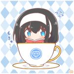  1girl argyle_background black_hair blue_eyes blush book chibi commentary_request cup flying_sweatdrops hair_between_eyes hairband holding holding_book idolmaster idolmaster_cinderella_girls in_container in_cup looking_at_viewer mini_person minigirl mitarashi_neko open_book sagisawa_fumika saucer shadow solo teacup translation_request white_hairband 