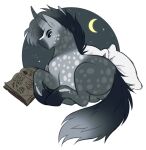  black_eyebrows black_mane black_tail book eyebrows feral fur grey_body grey_ears grey_fur grey_horn grey_mane grey_tail half-closed_eyes hi_res horn lou_(princelykaden) mane moon narrowed_eyes pillow princelykaden reading reading_book side_view solo spots spotted_body spotted_fur spotted_legs spotted_neck star tapering_horn unicorn_horn white_pillow white_spots 