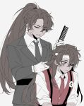 2boys 8ight bags_under_eyes bandaged_head bandages black_necktie black_suit brown_hair brushing_another's_hair brushing_hair chinese_commentary closed_eyes collared_shirt comb commentary_request cowboy_shot dual_persona frown full-stop_office_(identity)_(project_moon) gloves grey_background hair_over_one_eye heathcliff_(project_moon) high_ponytail highres holding holding_comb limbus_company long_hair looking_down male_focus messy_hair multiple_boys necktie one_eye_closed ponytail project_moon purple_eyes red_necktie red_vest scar scar_on_arm scar_on_face shirt simple_background sleeves_rolled_up suit suspenders upper_body vest white_gloves white_shirt 