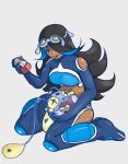  1girl antennae black_hair blue_eyeshadow blue_hair chinchou colored_inner_hair commentary dark-skinned_female dark_skin english_commentary eyelashes eyeshadow highres holding_potion long_hair makeup milah multicolored_hair open_mouth pokemon pokemon_(creature) pokemon_omega_ruby_and_alpha_sapphire potion_(pokemon) red_lips shelly_(pokemon) simple_background sitting two-tone_hair white_background yellow_eyes 