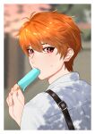  1boy bangs blurry blurry_background brown_eyes brown_hair collared_shirt food food_in_mouth highres holding holding_food im_tinybell looking_at_another looking_at_viewer luke_pearce_(tears_of_themis) outdoors popsicle school_uniform shirt short_hair solo tears_of_themis white_hair 