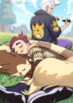  black_hair blue_sky blush brown_gloves brown_pants closed_eyes cloud commentary_request day drayton_(pokemon) fur-trimmed_jacket fur_trim furret gloves grass grin highres holding holding_marker jacket kieran_(pokemon) kieran_(sygna_suit)_(pokemon) long_sleeves lying marker mole mole_on_neck multicolored_hair multiple_boys on_ground on_side open_mouth outdoors pants pokemon pokemon_(creature) pokemon_masters_ex pokemon_scarlet_and_violet purple_hair saikyo_donbei shoes sky sleeping smile tree white_hair 