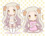  1girl :< animal_ears bikini blush brown_eyes chibi closed_mouth colored_shadow commentary_request forehead frilled_pillow frills fur_bikini grey_hair horns hugging_object kneehighs long_hair mitarashi_neko multiple_views navel original parted_lips pillow pillow_hug shadow sitting socks star_(symbol) swimsuit translation_request very_long_hair white_background white_bikini white_socks 
