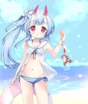  1girl absurdres alternate_hairstyle beach blue_archive blush chibitan chise_(blue_archive) collarbone crab hair_between_eyes halo highres horns innertube long_hair looking_at_viewer ocean oni_horns red_eyes side_ponytail solo swimsuit 