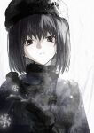  1girl black_dress black_eyes black_hair capelet commentary cropped_torso dress fur_hat fur_trim hat highres kotatsu_kaya kuonji_alice looking_at_viewer mahou_tsukai_no_yoru pom_pom_(clothes) short_hair snowing 