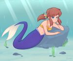  1girl a_hat_in_time aged_up blue_eyes bra breasts brown_hair cleavage closed_mouth collarbone commentary english_commentary full_body hair_tie hat_kid highres long_hair looking_at_viewer merfolk mermaid mermay_2022 missing_headwear monster_girl monsterification navel ponytail purple_tail rock seaweed sidelocks smile solo split_mouth star_(symbol) underwater underwear xyronii yellow_bra 